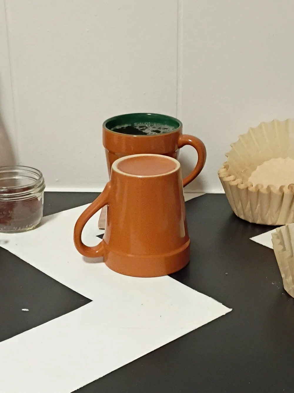 Brown Ceramic Coffee Mugs with Green Interior - Set of 2